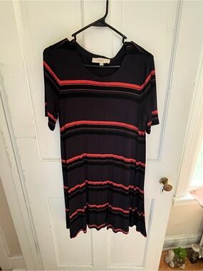 LOFT Navy Mini Dress with Pink and Black Stripes